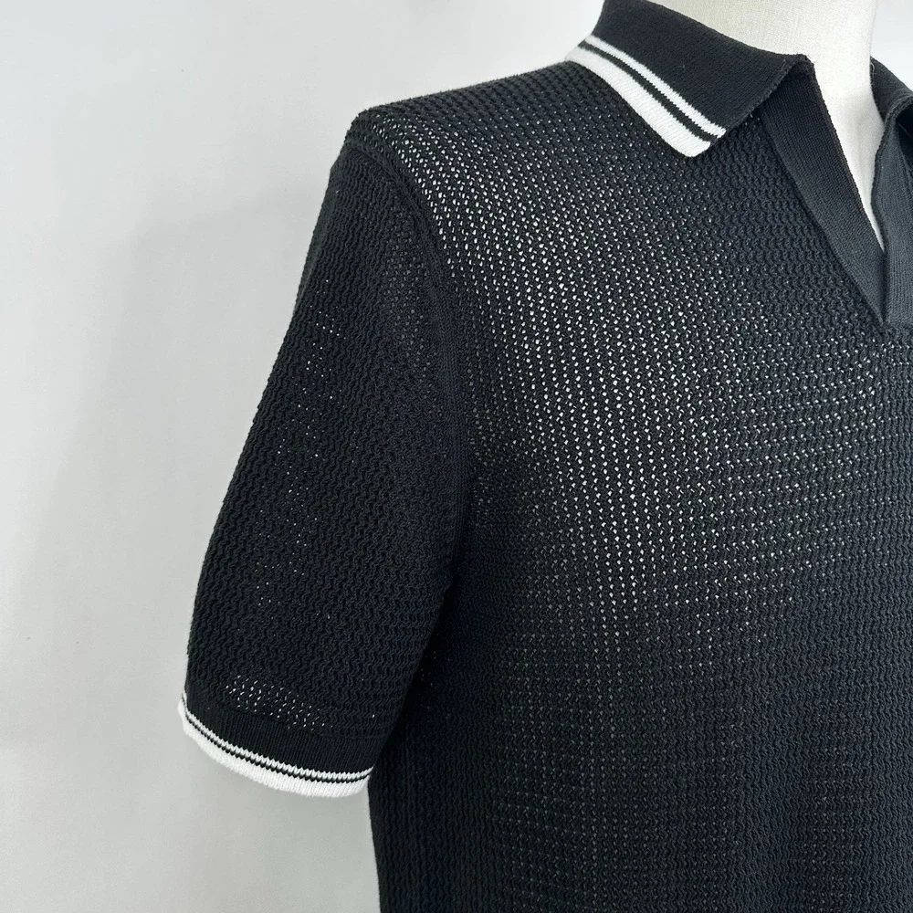 NWT Men's Banana Republic Cotton Zig Zag Sweater Polo MEDIUM‎ TALL M/T Black